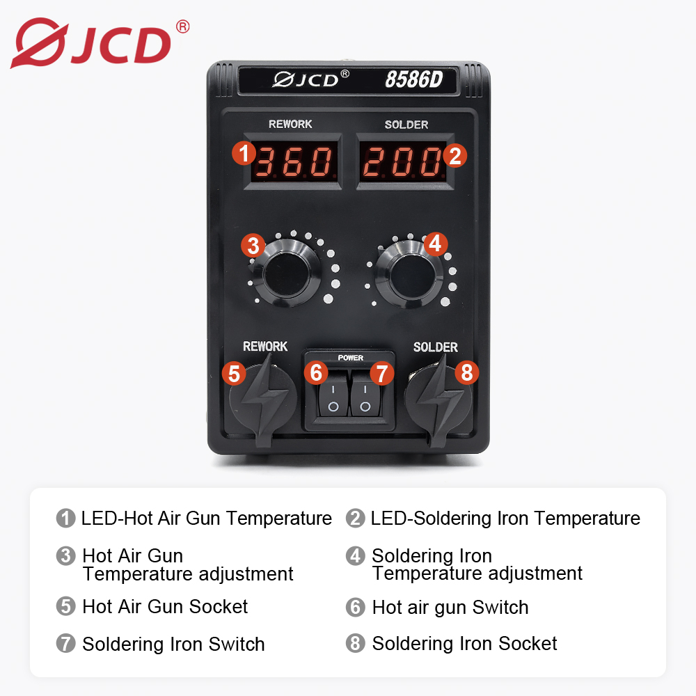 JCD 8586D Stacja lutownicza 2  – Smd Rework Station Hot Air Soldering 2 In 1 recenzja i cena